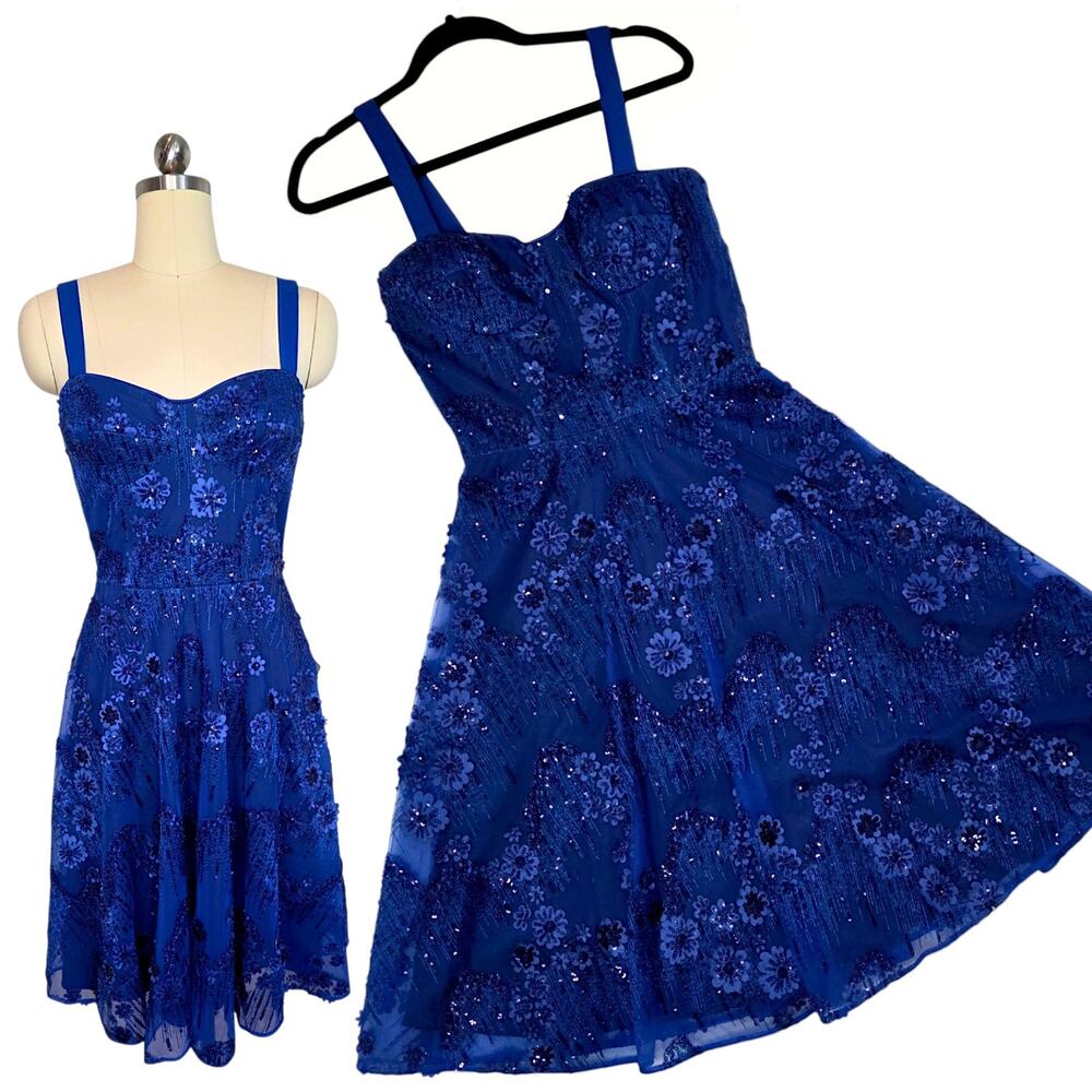 Dress the Population Adelina Small Electric Blue Bead Sequin Fit Flare Cocktail